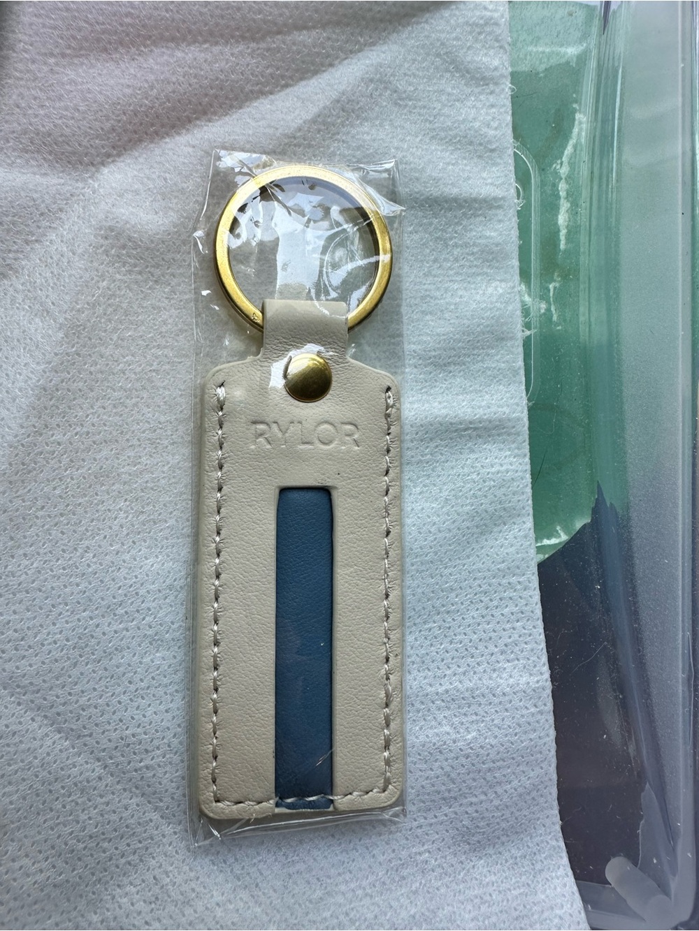 RYLOR Heritage Stripe Ivory Leather Keychain with Blue Inset and Gold Ring